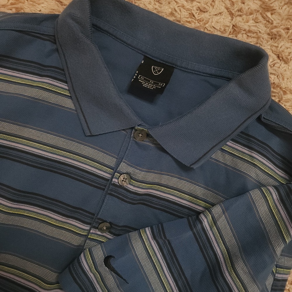 Nike Golf Polo Shirt Mens XL Blue Striped Short Sleeve Cotton Pique Swoosh Logo
